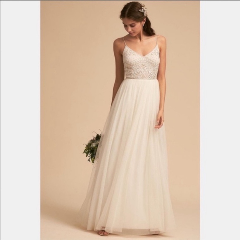 Adrianna Papell Ivory Beaded V-Neck Tulle Wedding Gown